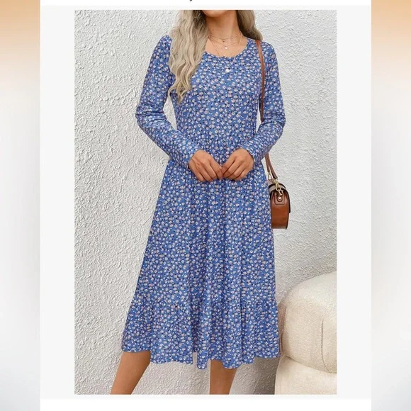 Women's Blue Floral Long Sleeve Dress, Size-Large - Picture 2 of 7